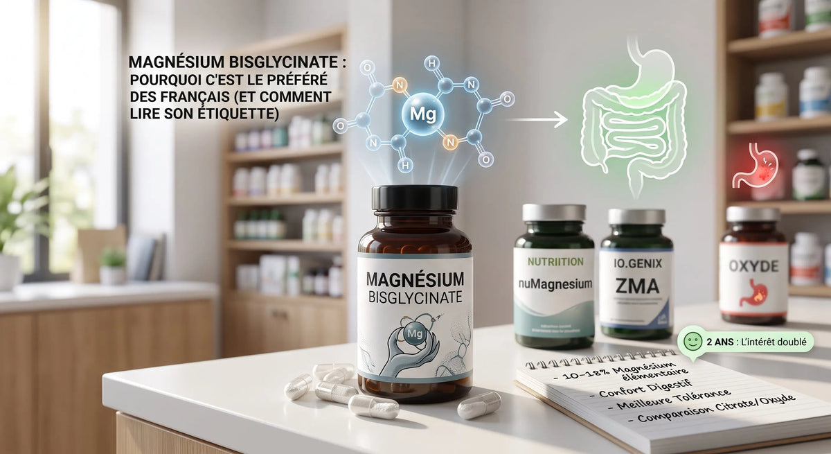 Flacons de magnésium bisglycinate, nuMagnesium et ZMA à côté d'un oxyde de magnésium, avec la molécule de magnésium chélatée à la glycine et un schéma intestinal