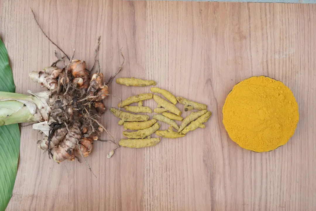 Racine, tranches et poudre de curcuma sur un plan de travail en bois