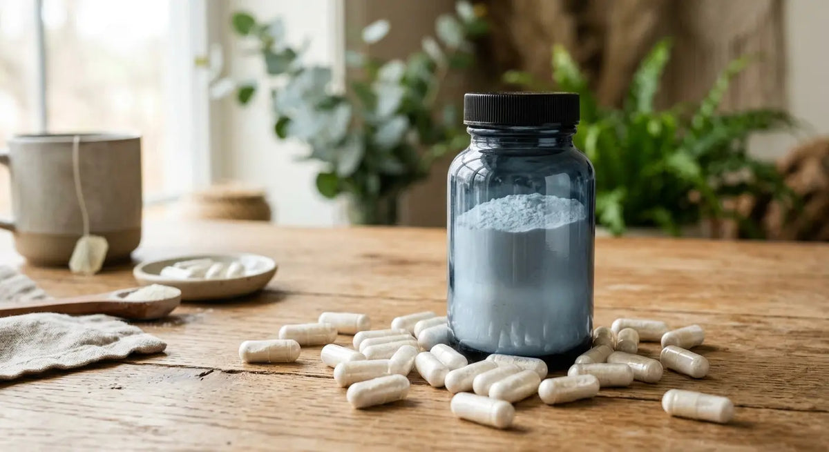 Flacon de zinc bisglycinate en poudre entouré de gélules blanches sur une table en bois