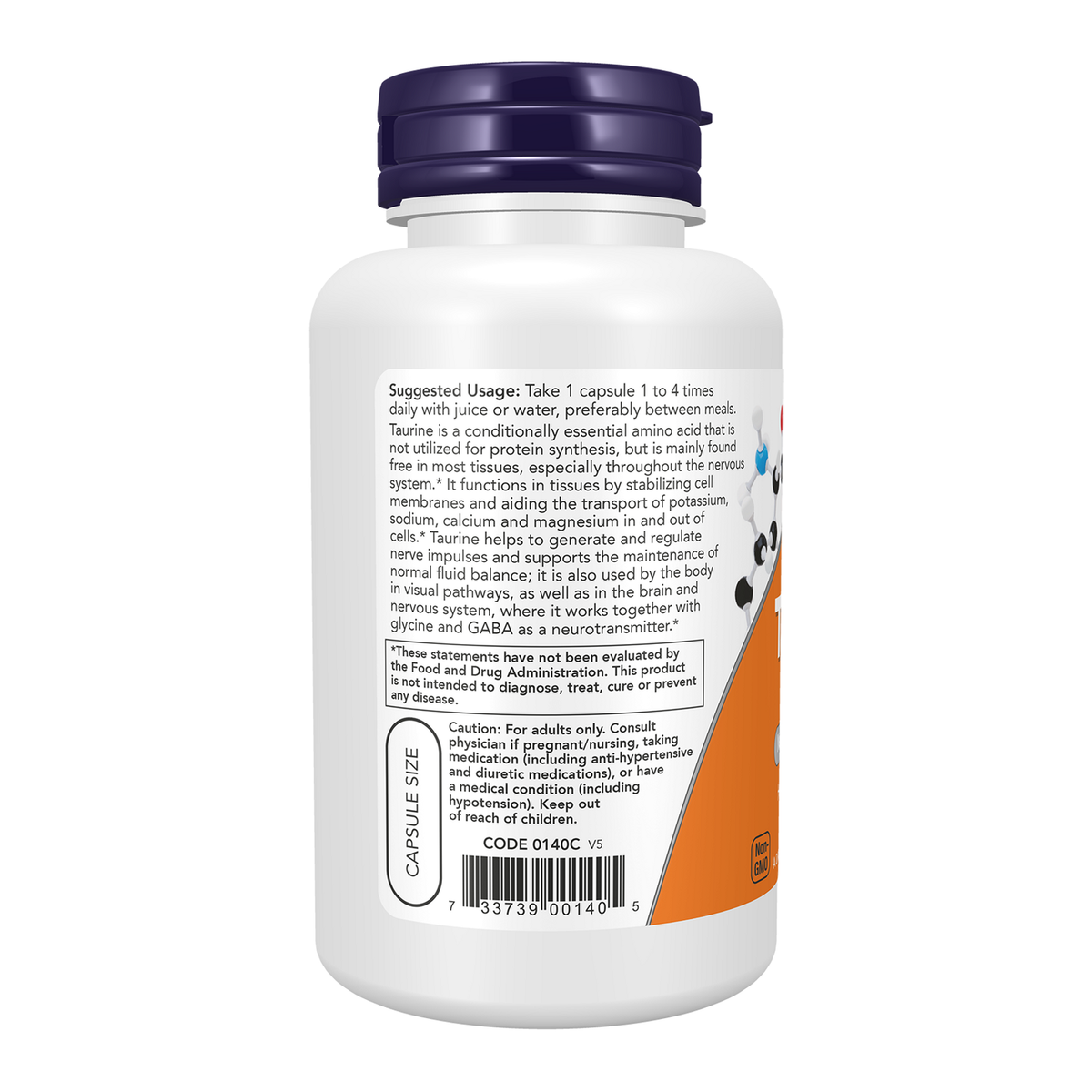 Now Foods Taurine 500 mg - vue de gauche
