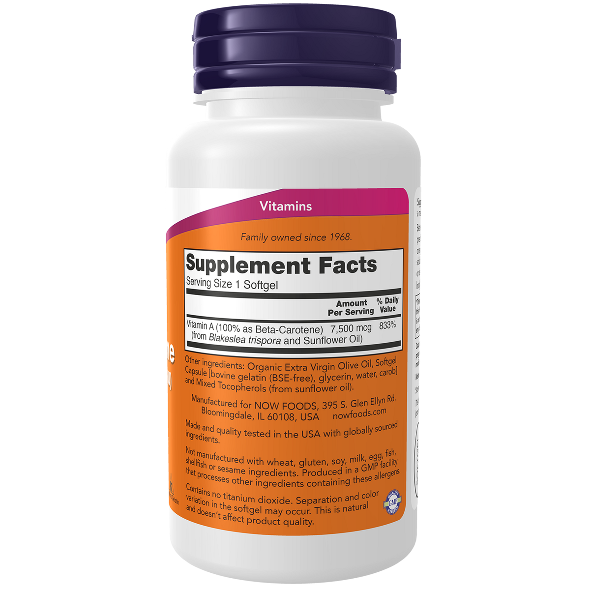 Now Foods Bêta-carotène naturel 7500 mcg - vue de droite