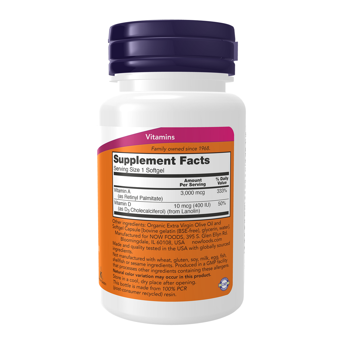 Now Foods Vitamine A et D - vue de droite