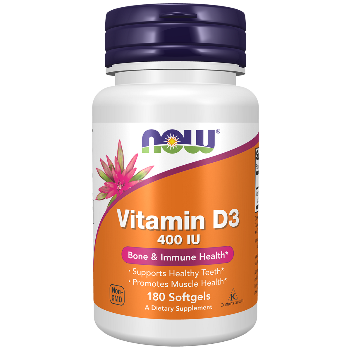 Now Foods Vitamine D3 400 UI, flacon de 180 capsules