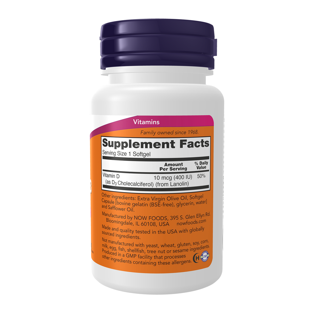 Now Foods Vitamine D3 400 UI - vue de droite