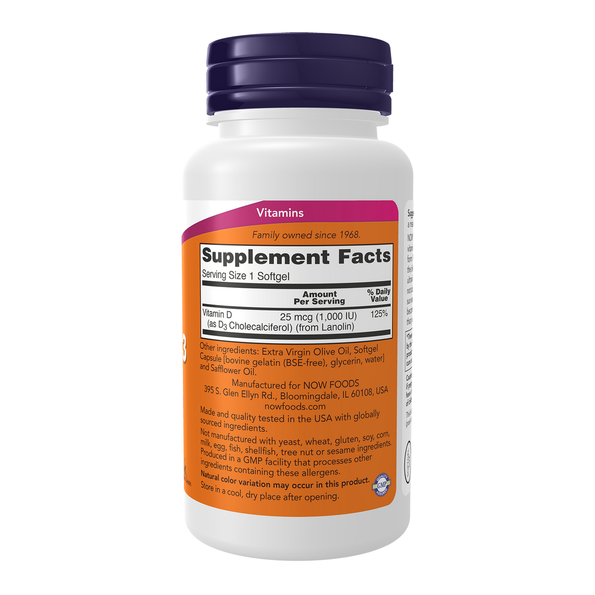 Now Foods Vitamine D3 1000 UI - vue de droite