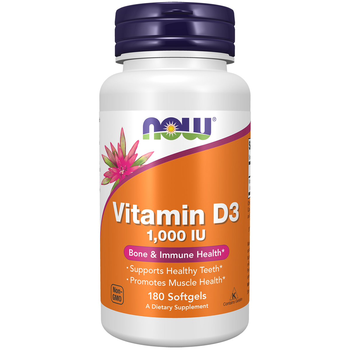 Now Foods Vitamine D3 1000 UI, flacon de 180 capsules