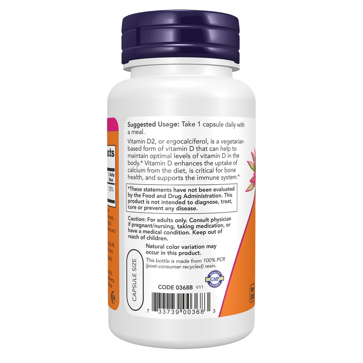 Now Foods Vitamine D2 1000 UI vegan - vue de gauche