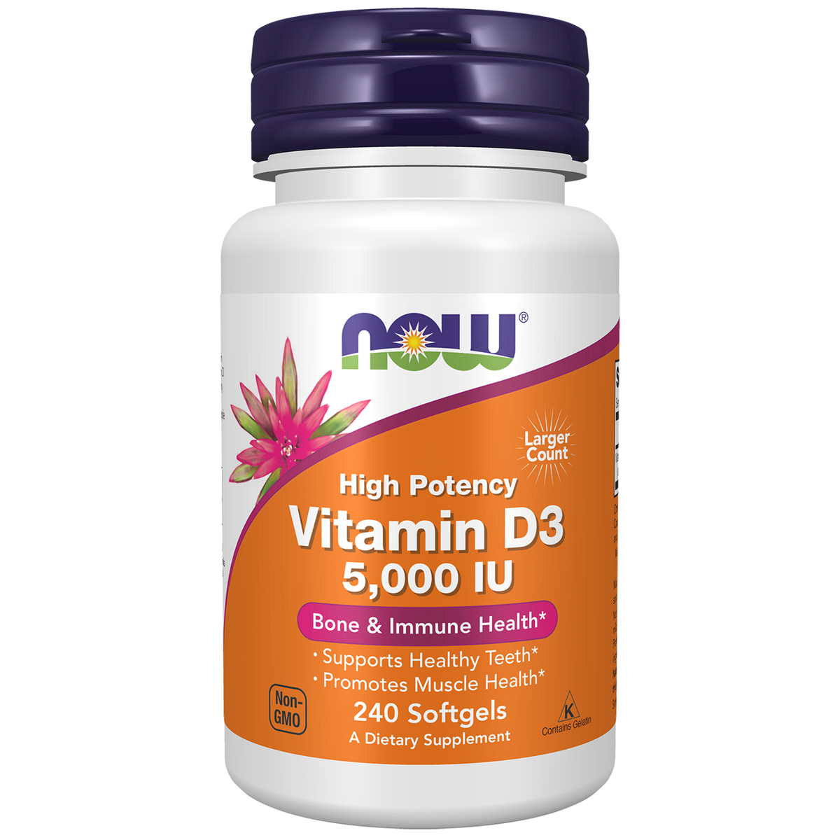 Now Foods Vitamine D3 5000 UI, flacon de 240 capsules