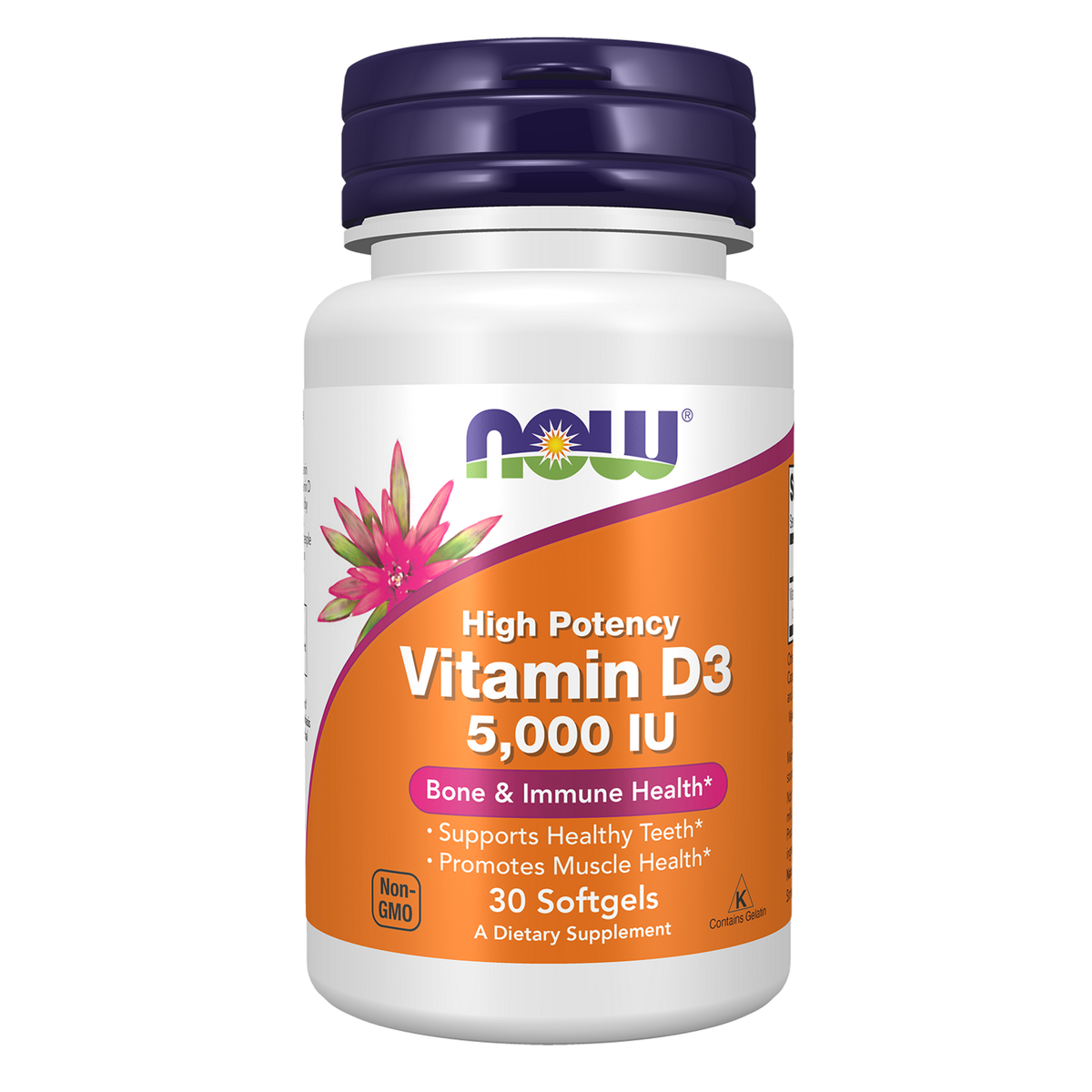 Now Foods Vitamine D3 5000 UI, flacon de 30 capsules