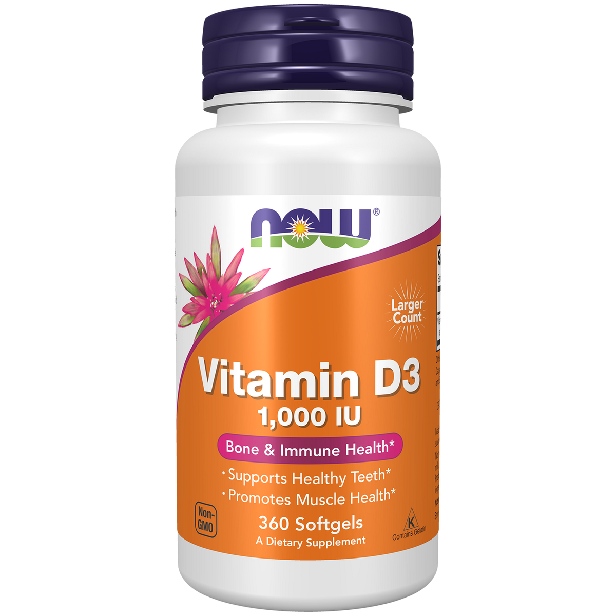 Now Foods Vitamine D3 1000 UI, flacon de 360 capsules
