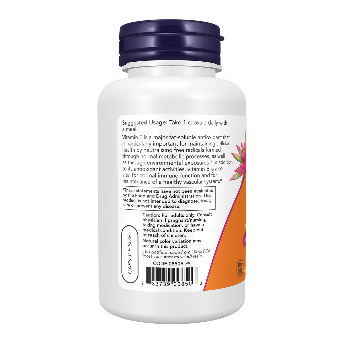Now Foods Vitamine E-400 sèche végétarienne - vue de gauche