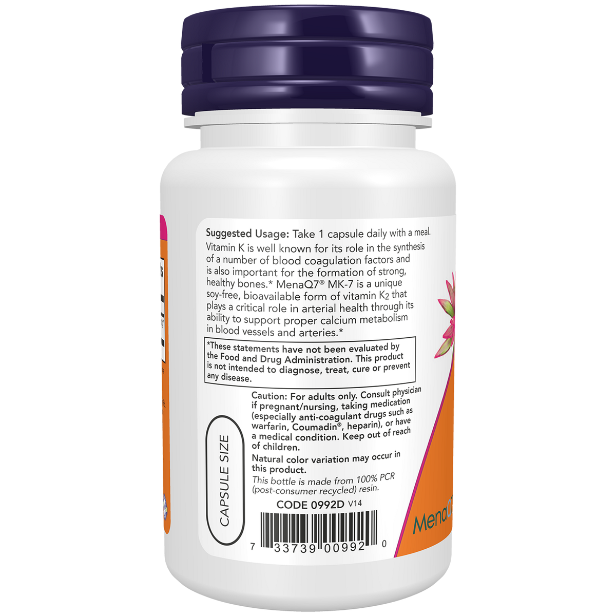 Now Foods MK-7 Vitamine K2 100 mcg - vue de gauche