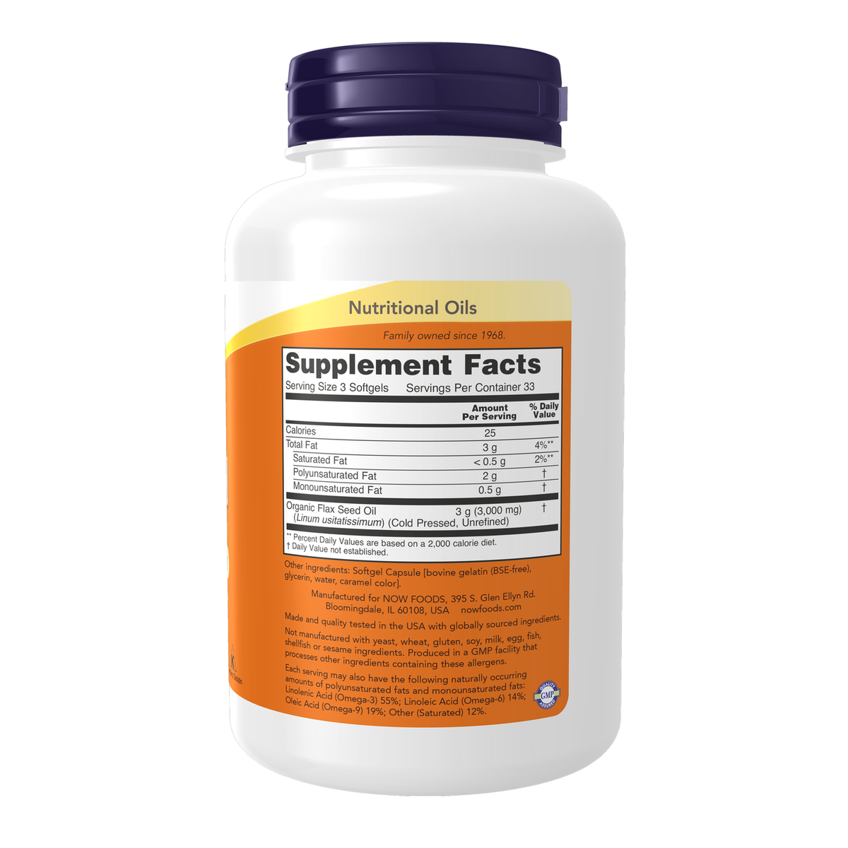 Now Foods Huile de lin bio 1000 mg - vue de droite