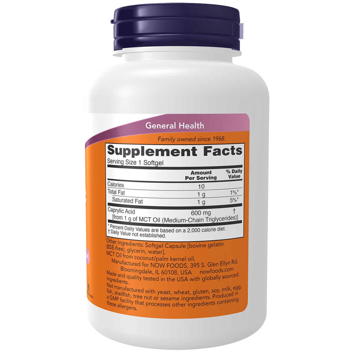 Now Foods Acide caprylique 600 mg - vue de droite