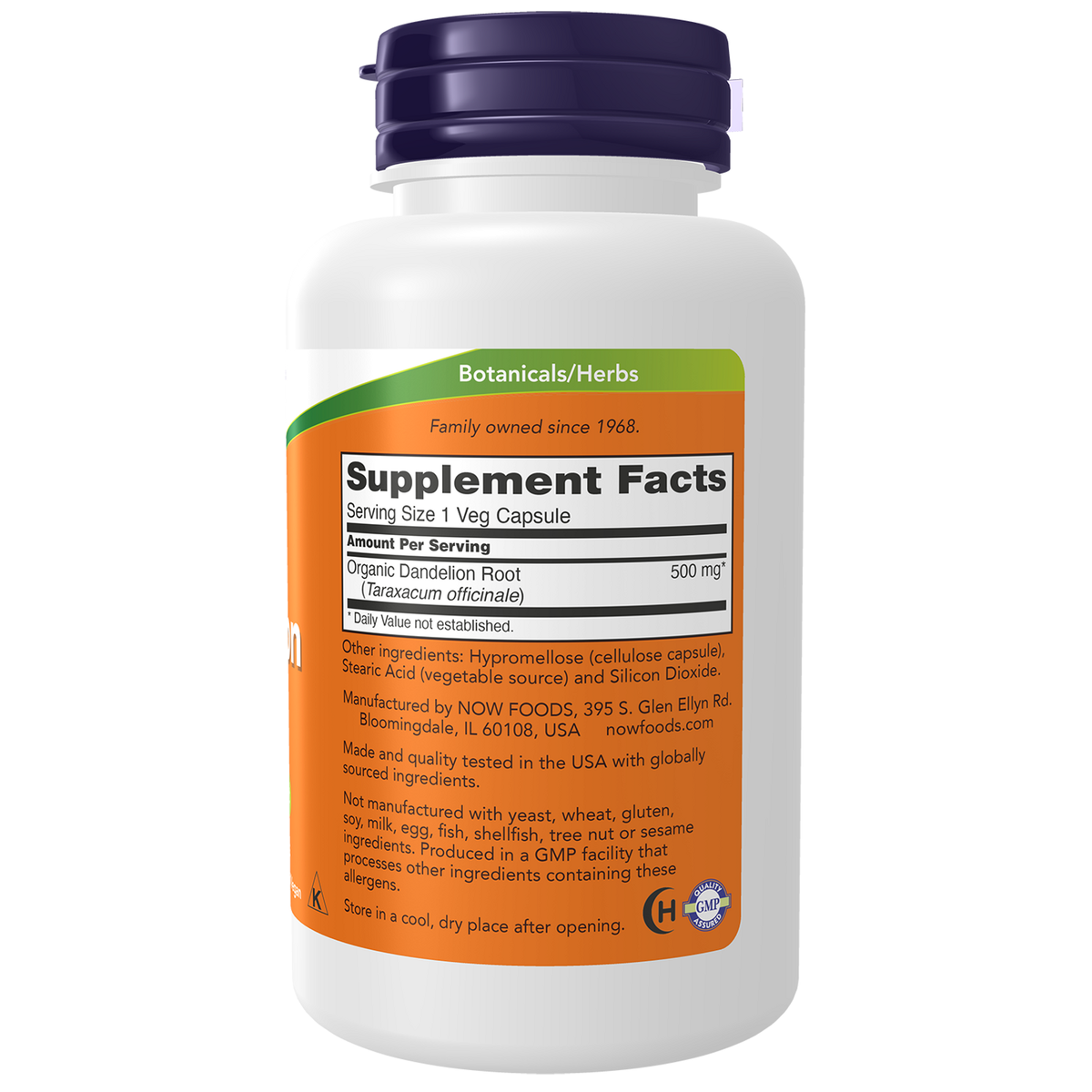 Now Foods Racine de pissenlit bio 500 mg - vue de droite