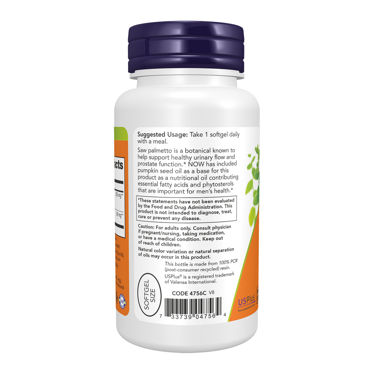 Now Foods Extrait de palmier nain 320 mg USPlus - vue de gauche