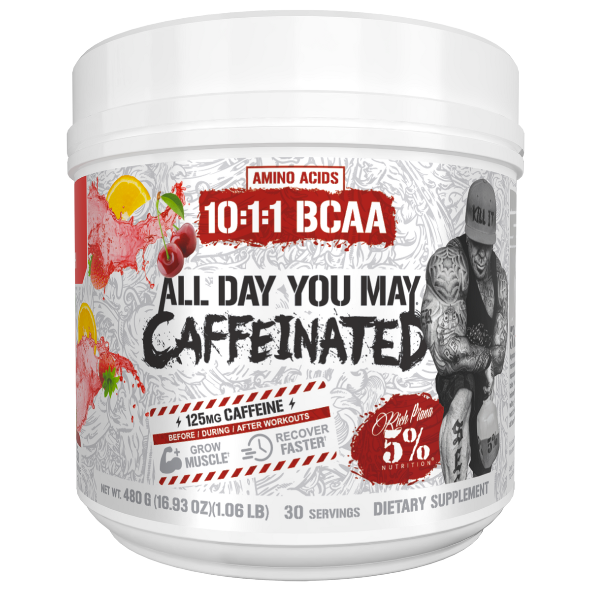 Pot de 5% Nutrition All Day You May Caffeinated goût Fruit Punch, BCAA avec caféine