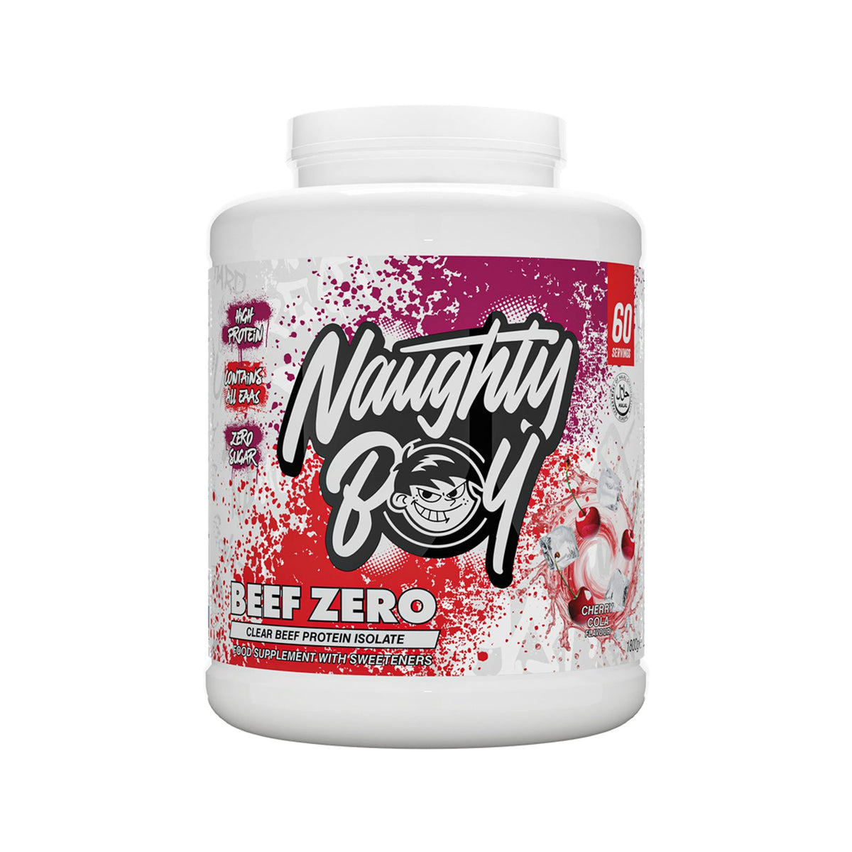 Pot de Naughty Boy Beef Zero goût Cherry Cola, protéine de bœuf