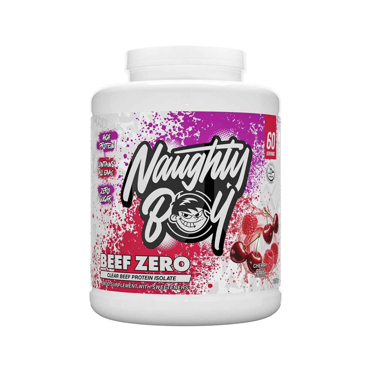Pot de Naughty Boy Beef Zero goût Cherry Razz, protéine de bœuf