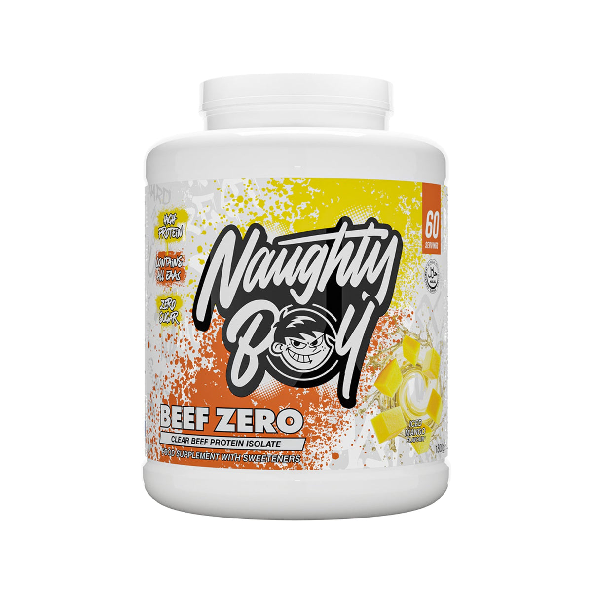 Pot de Naughty Boy Beef Zero goût Iced Mango, protéine de bœuf