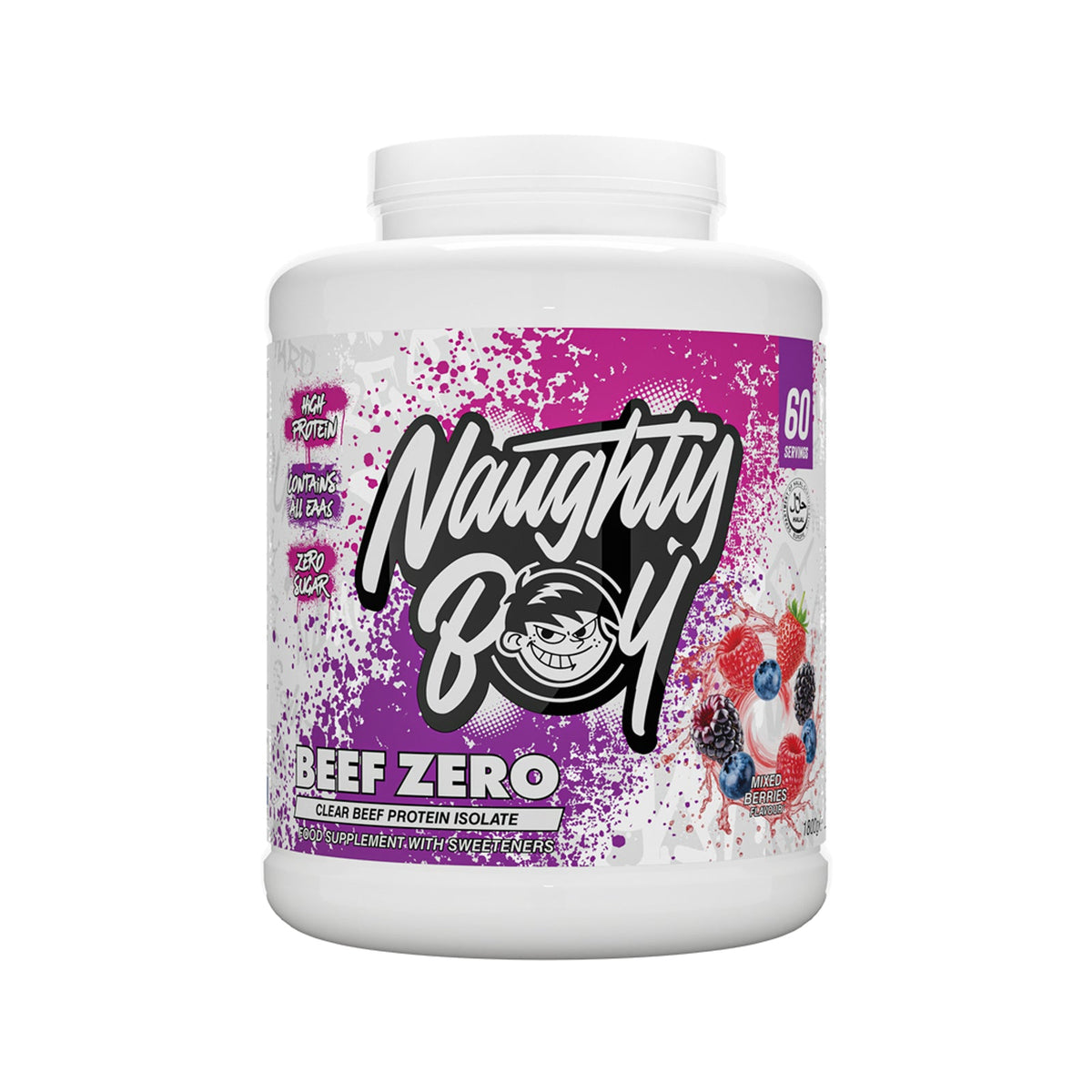 Pot de Naughty Boy Beef Zero goût Mixed Berries, protéine de bœuf