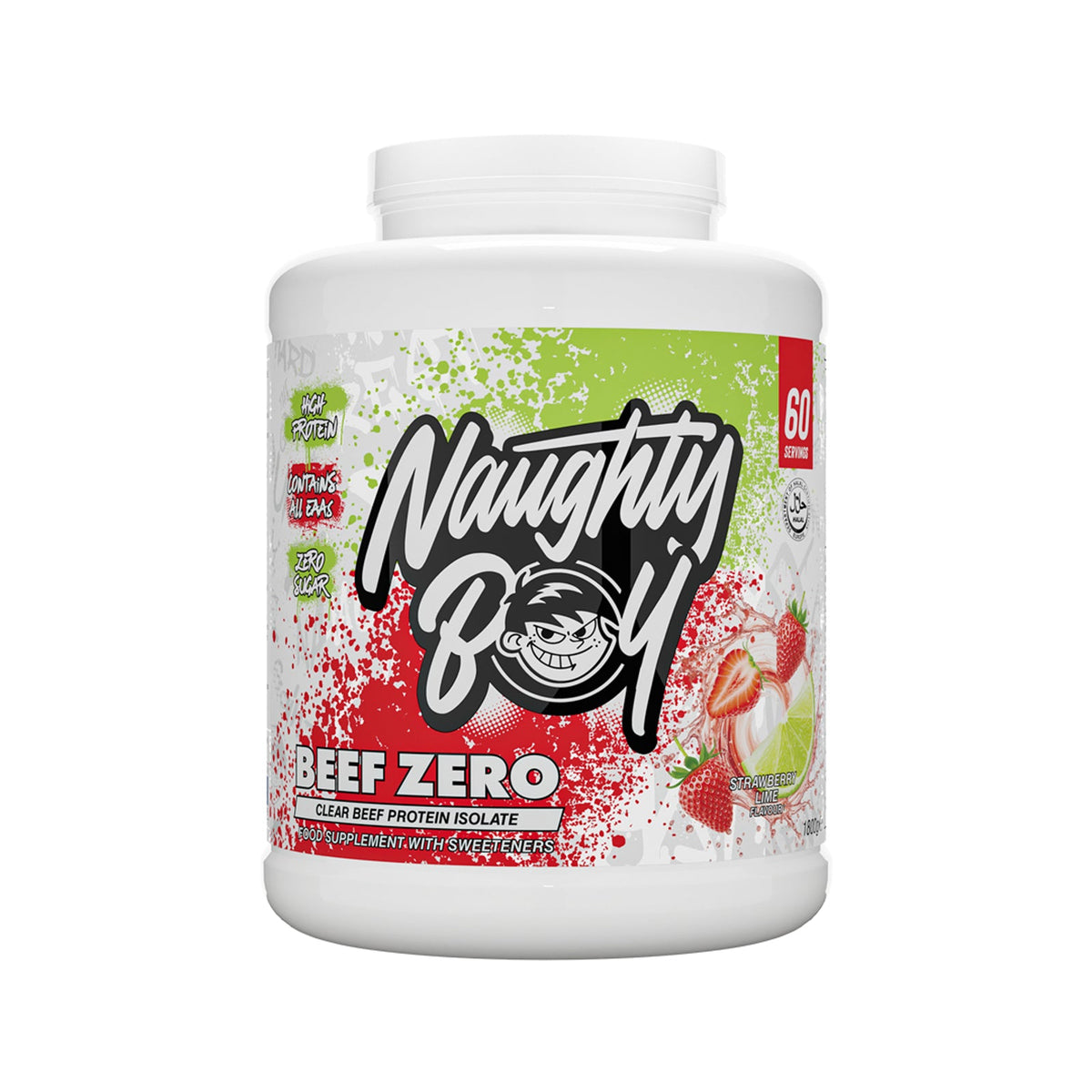 Pot de Naughty Boy Beef Zero goût Strawberry Lime, protéine de bœuf
