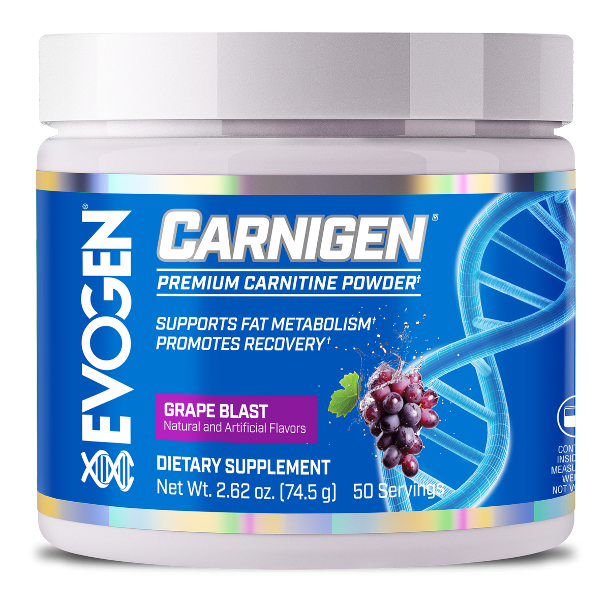 Pot d'Evogen Carnigen Powder, carnitine en poudre sans stimulant, saveur Raisin