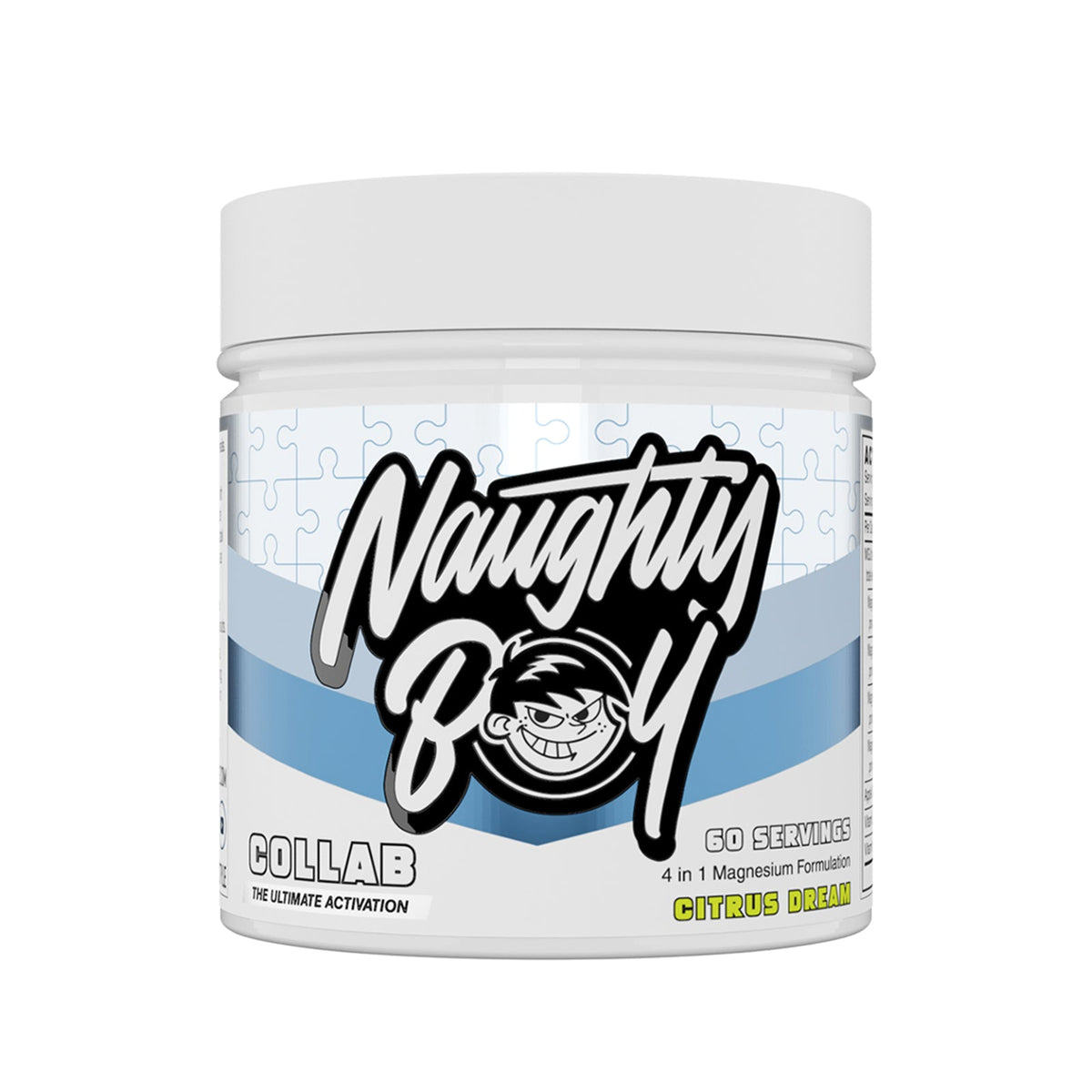 Pot de Naughty Boy Collab goût Citrus Dream, magnésium vitamines D3 et K2