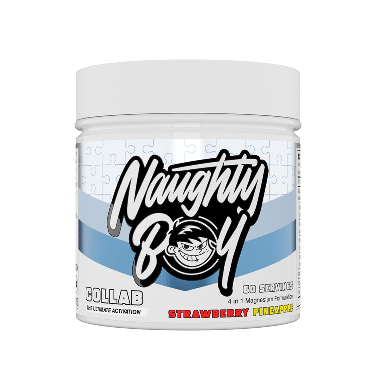 Pot de Naughty Boy Collab goût Strawberry Pineapple, magnésium vitamines D3 et K2