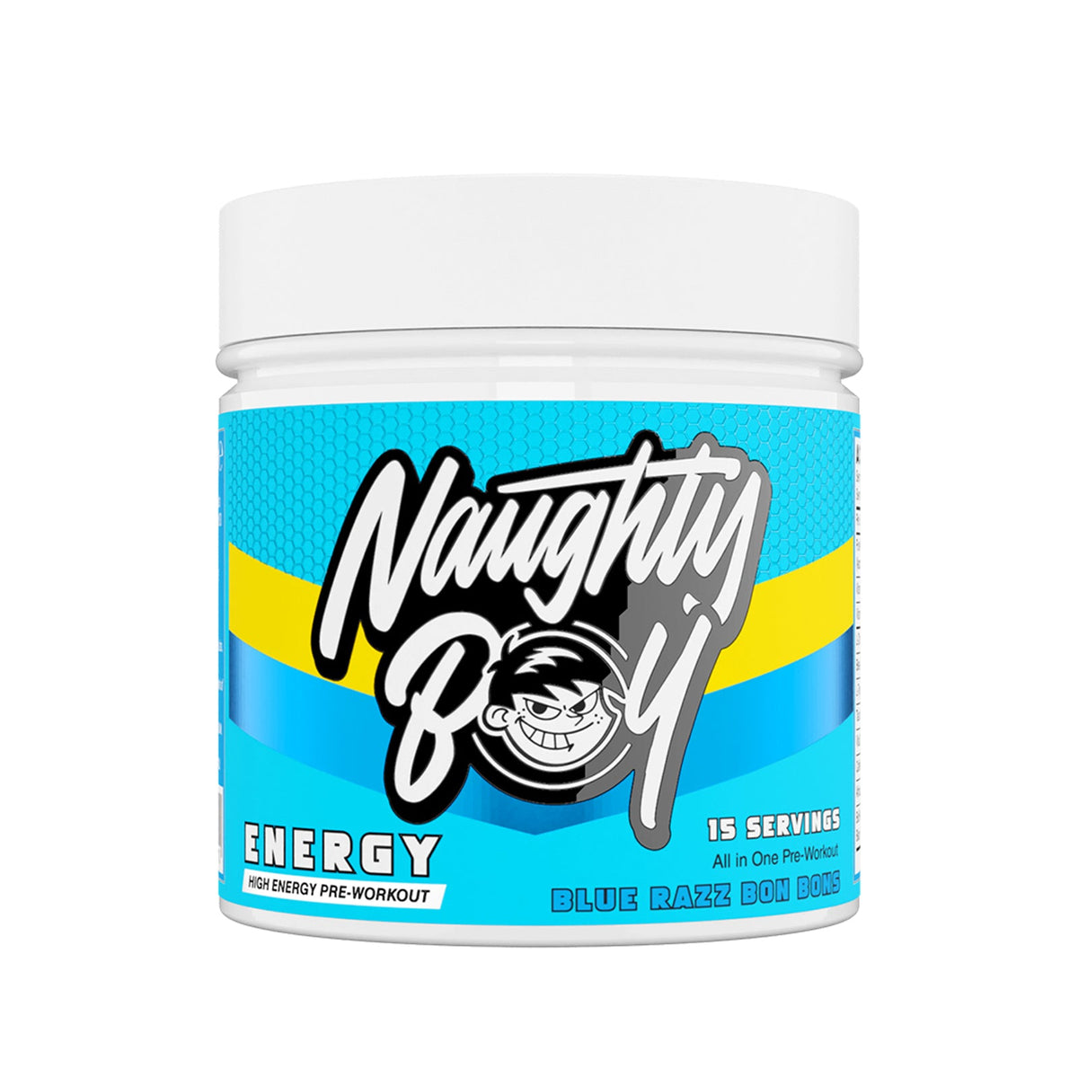 Pot de 195 g Naughty Boy Energy goût Blue Razz Bon Bons, pré-entraînement