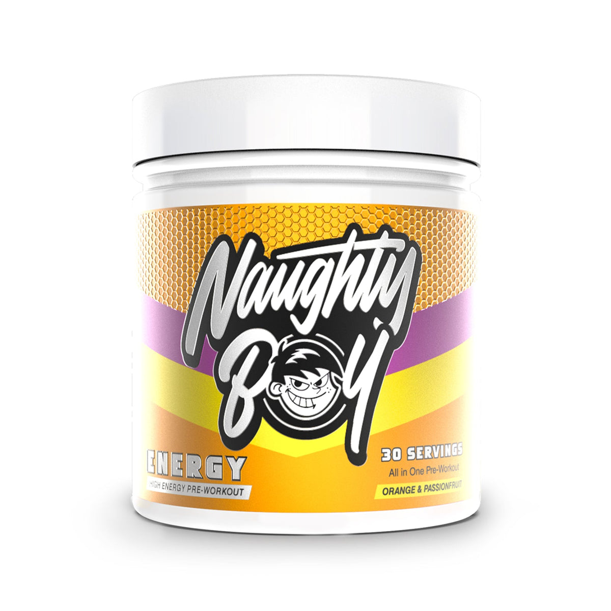 Pot de 390 g Naughty Boy Energy goût Orange et Fruit de la Passion, pré-entraînement