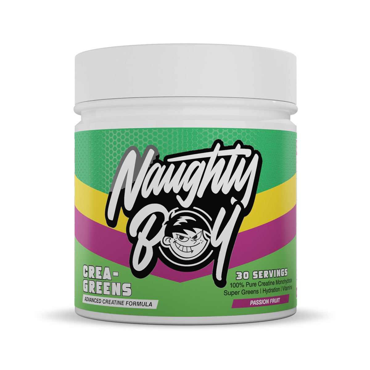 Pot de Naughty Boy Crea-Greens goût Passion Fruit, créatine et super-aliments verts