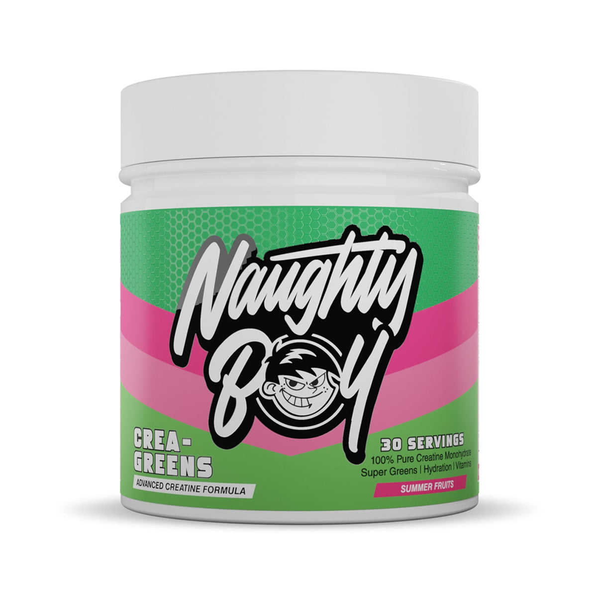 Pot de Naughty Boy Crea-Greens goût Summer Fruits, créatine et super-aliments verts