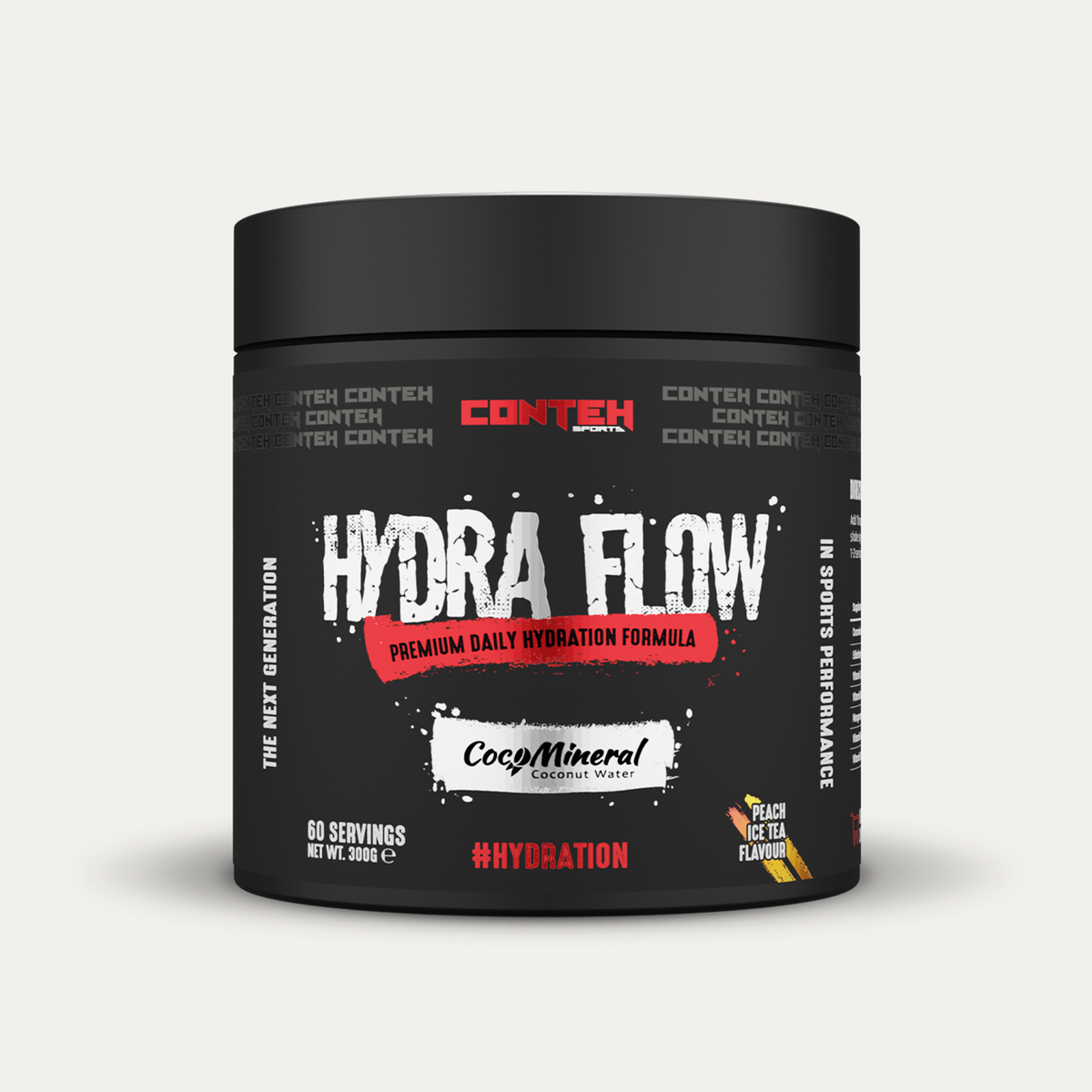 Pot de Conteh Sports Hydra Flow, formule d'hydratation quotidienne à l'eau de coco, saveur Thé Glacé Pêche
