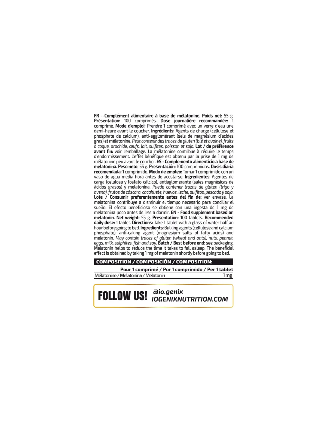 IO Genix Melatonin - Mélatonine 1mg Endormissement Naturel IO.GENIX