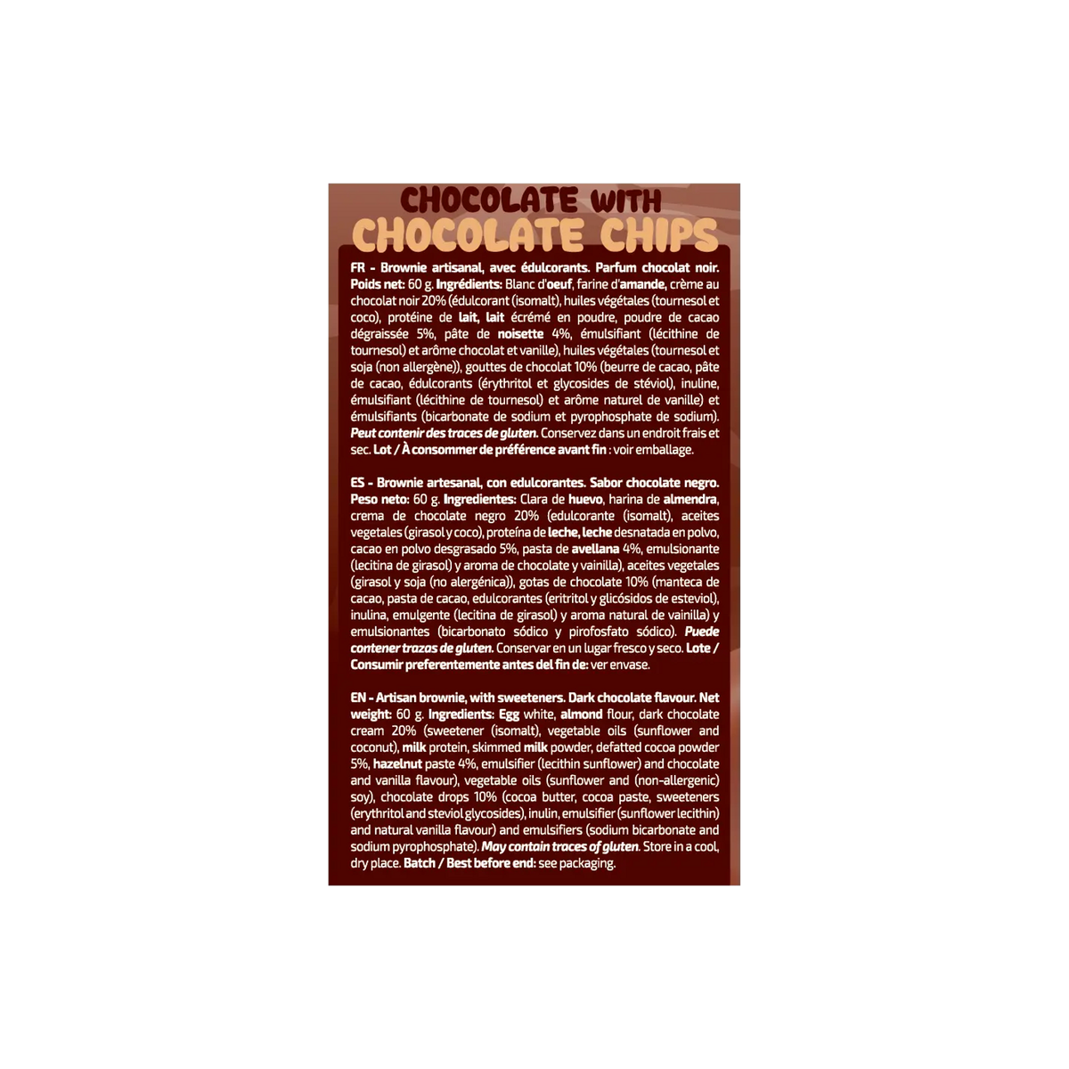 Liste des ingrédients de l'IO Genix Protein Brownie, saveur Chocolat & Choco Chips