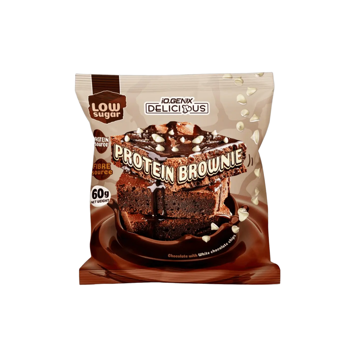 Sachet d'IO Genix Protein Brownie, brownie protéiné artisanal de 60 g, saveur Chocolat & White Choco Chips