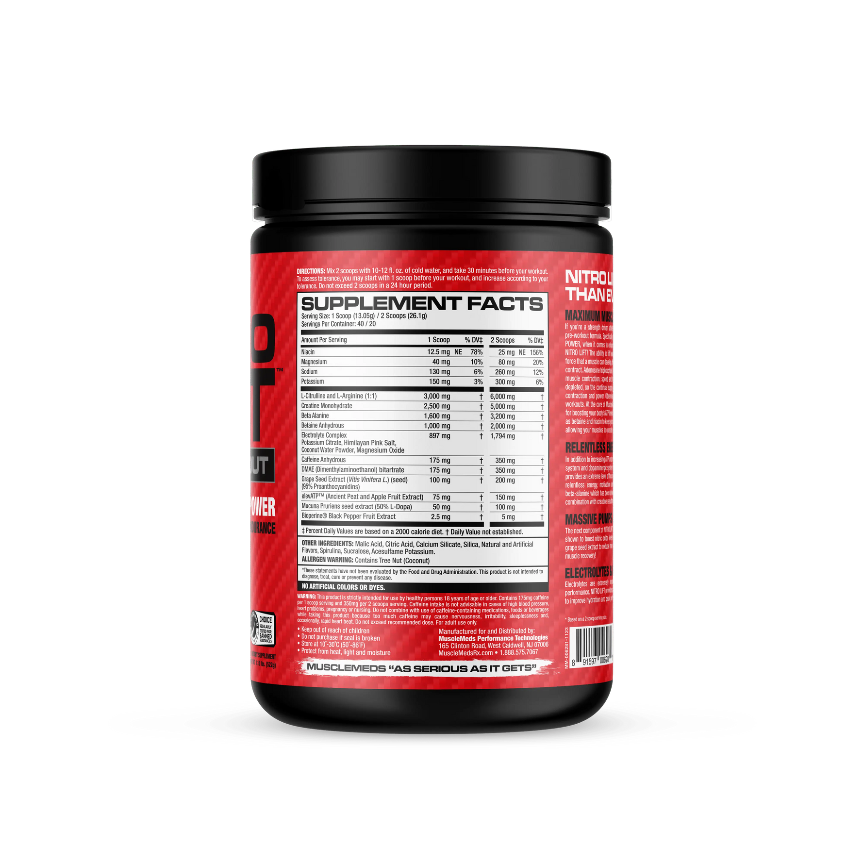Étiquette MuscleMeds Nitro Lift : valeurs nutritionnelles, ingrédients et mode d'emploi