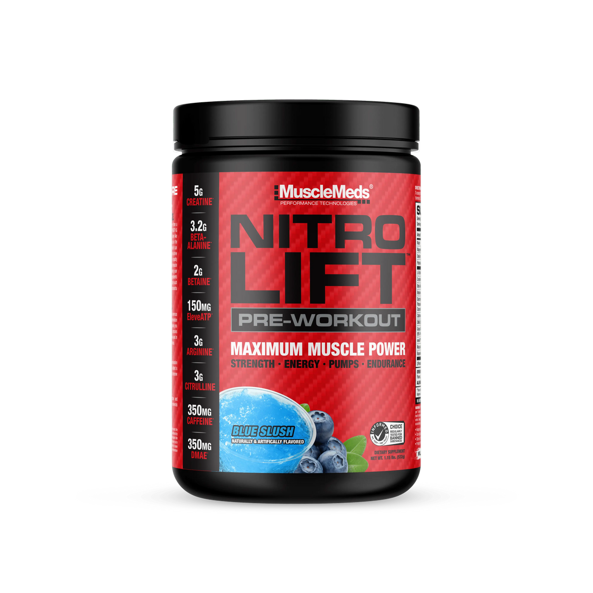 MuscleMeds Nitro Lift Pre-Workout saveur Blue Slush, pot de 522 g