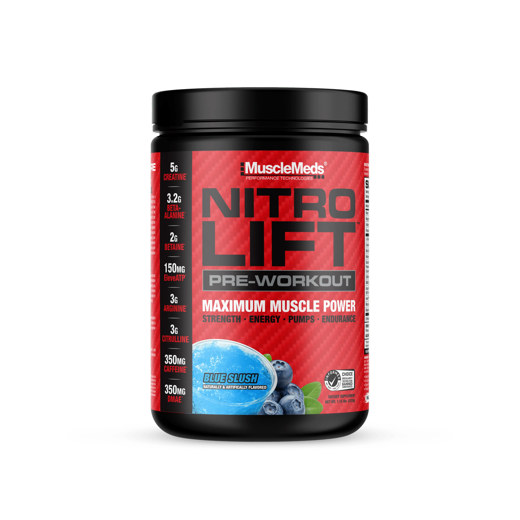 MuscleMeds Nitro Lift Pre-Workout saveur Blue Slush, pot de 522 g