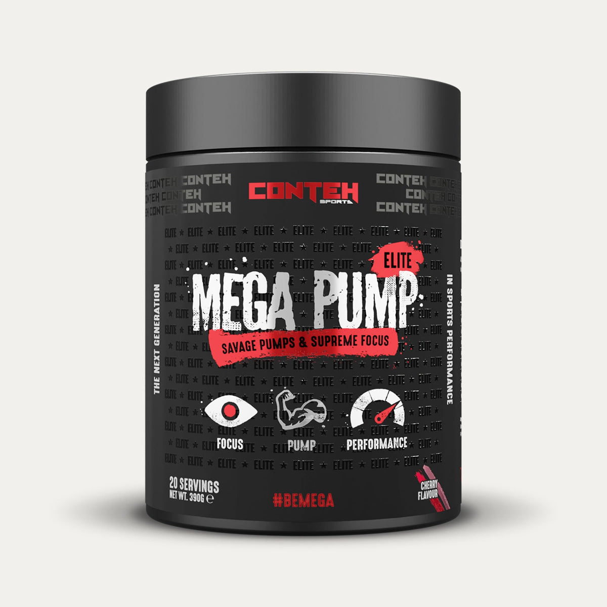 Pot de Conteh Sports Mega Pump Elite, avant-séance sans stimulant à la L-citrulline et au glycérol, saveur Cerise