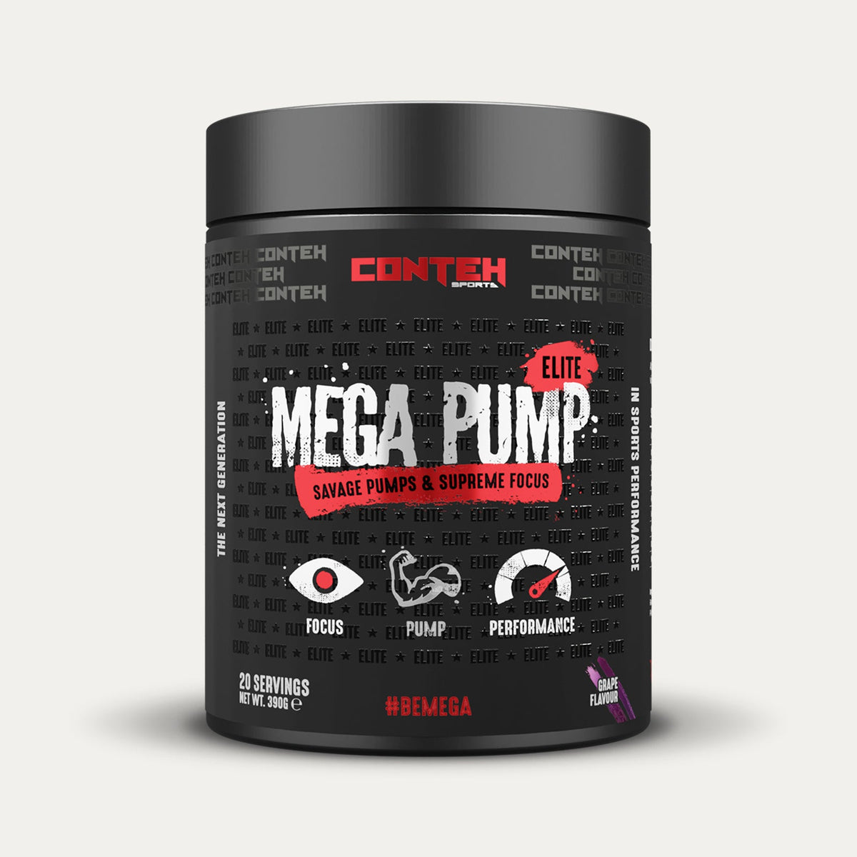 Pot de Conteh Sports Mega Pump Elite, avant-séance sans stimulant à la L-citrulline et au glycérol, saveur Raisin