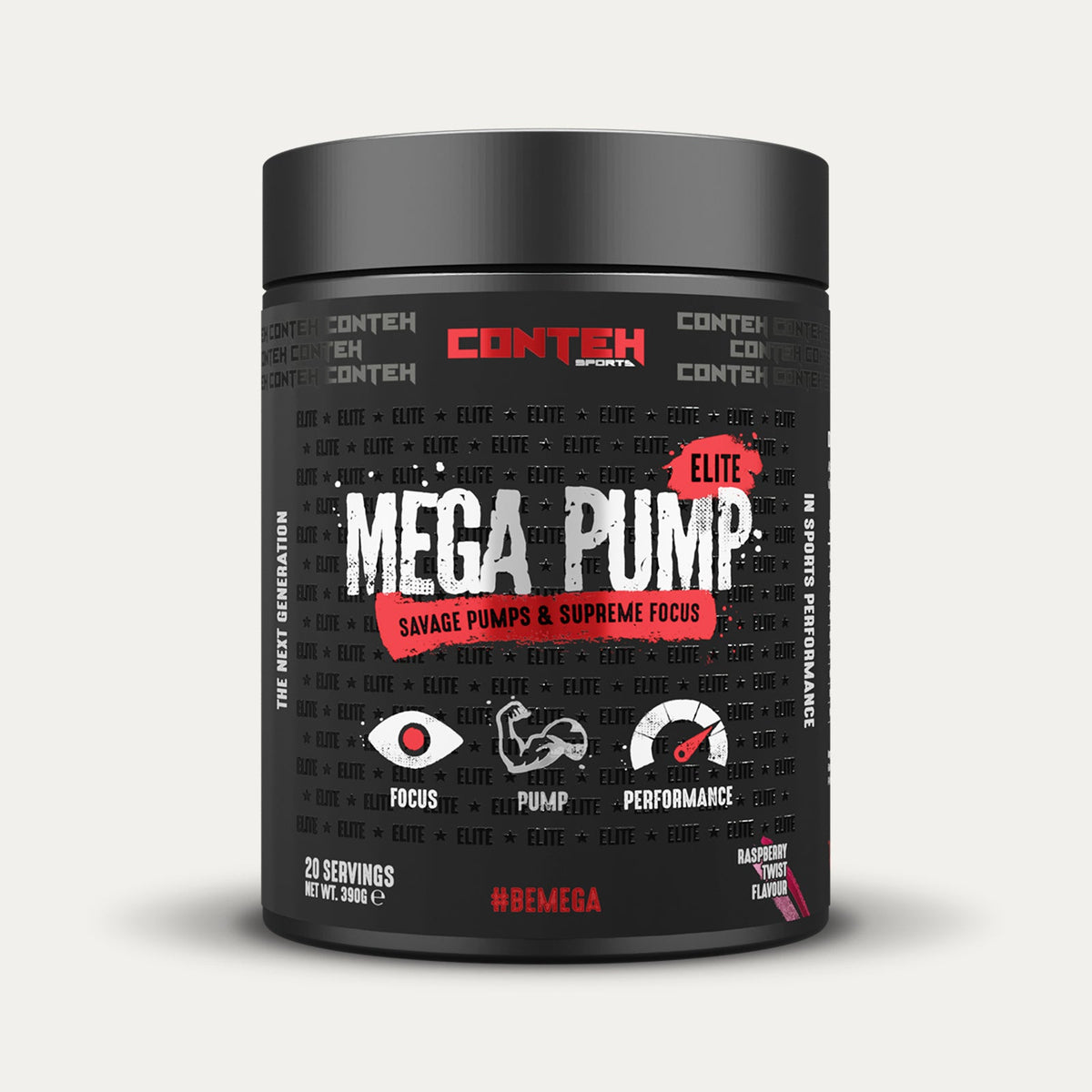 Pot de Conteh Sports Mega Pump Elite, avant-séance sans stimulant à la L-citrulline et au glycérol, saveur Framboise