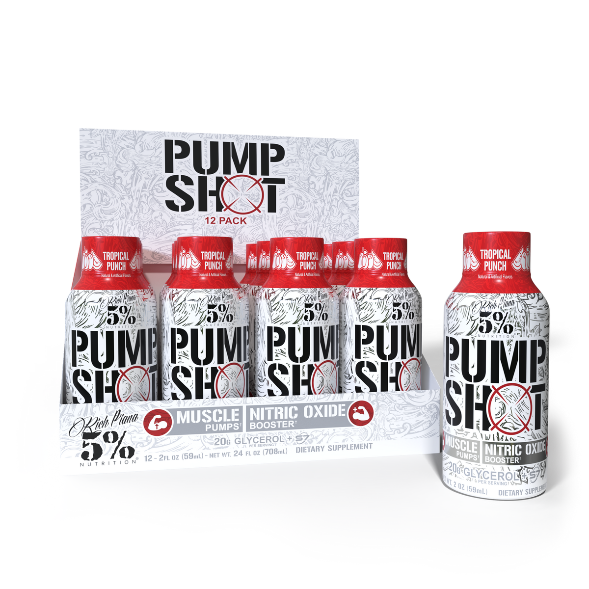 Pack de 12 shots 5% Nutrition Pump Shot, pré-entraînement sans stimulant