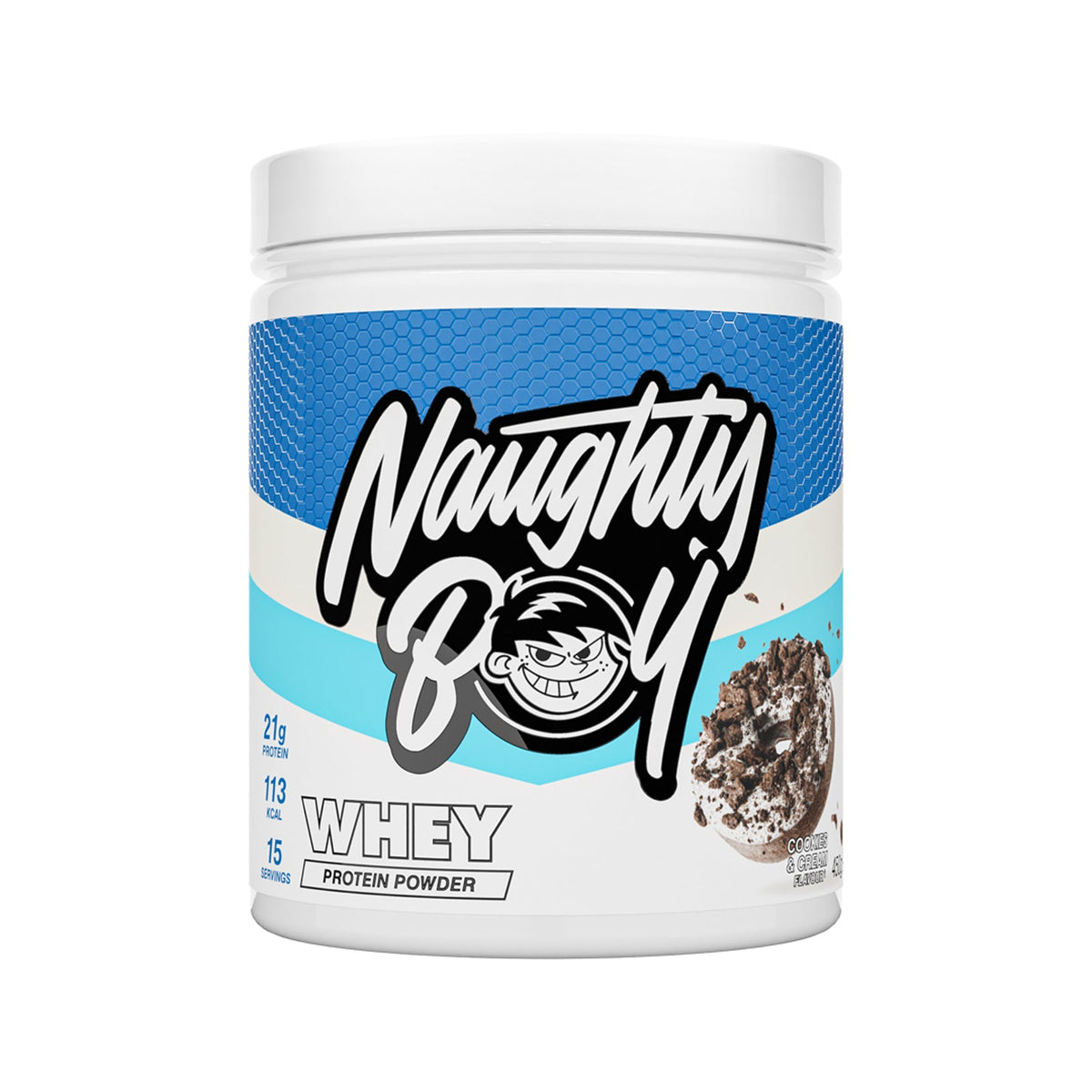Pot de 450 g Naughty Boy Whey Protein goût Cookies and Cream, whey concentrée
