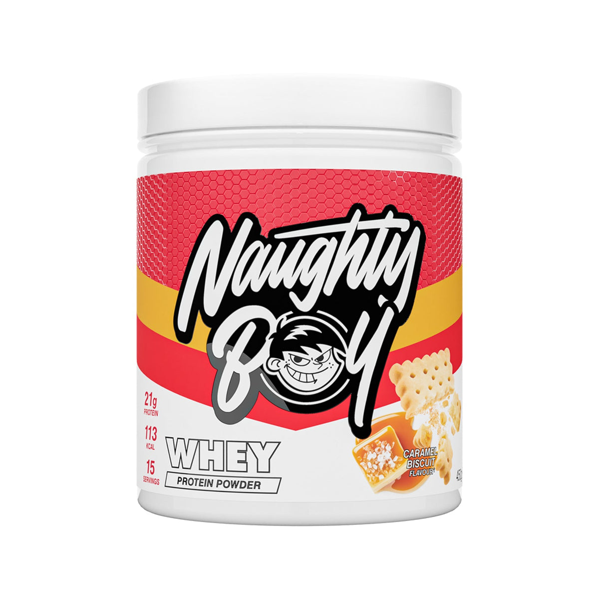 Pot de 450 g Naughty Boy Whey Protein goût Caramel Biscuit, whey concentrée