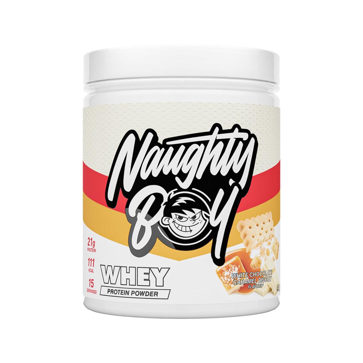 Pot de 450 g Naughty Boy Whey Protein goût White Chocolate Caramel Biscuit, whey concentrée