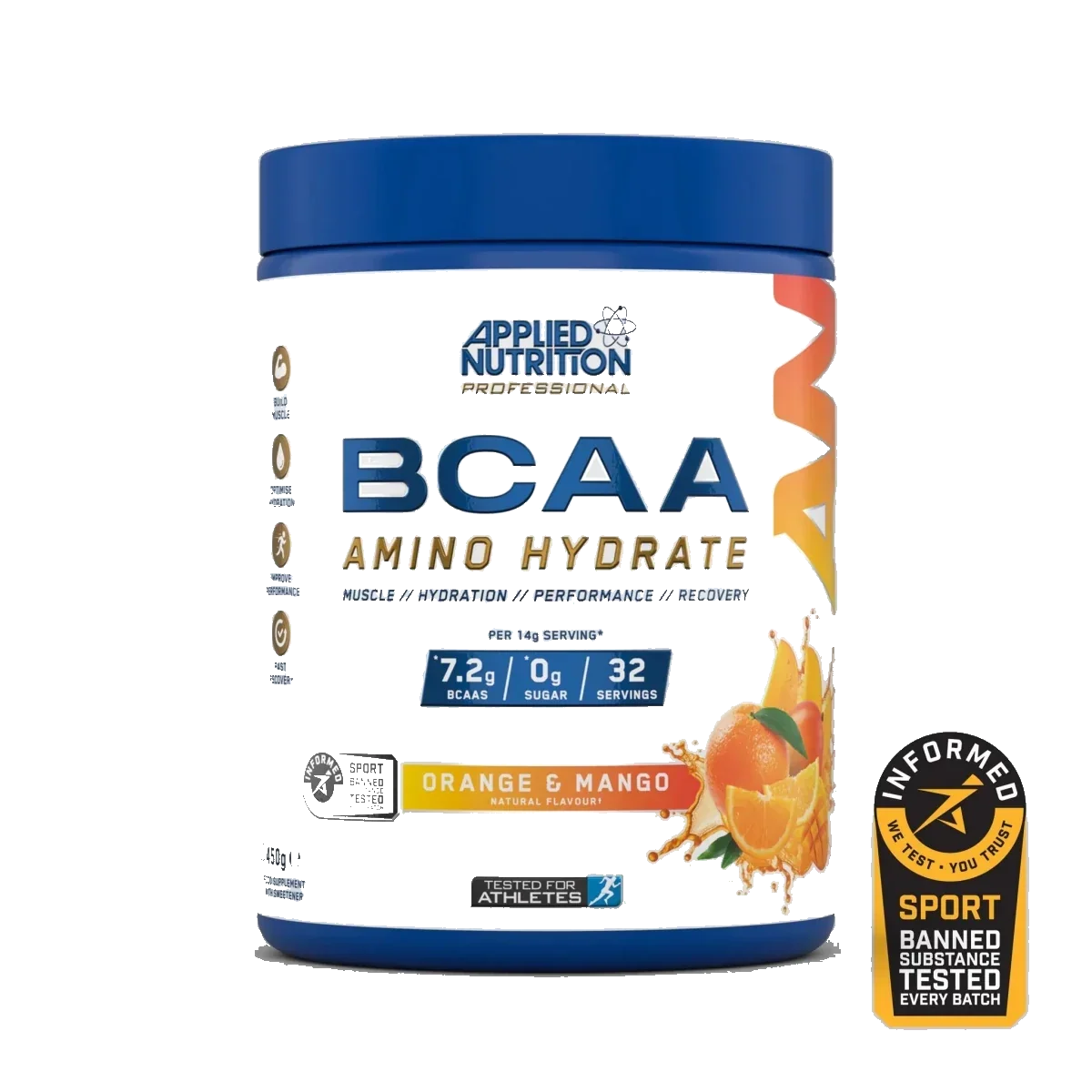 Pot d'Applied Nutrition BCAA Amino Hydrate, BCAA 2:1:1 et électrolytes, saveur Orange Mangue