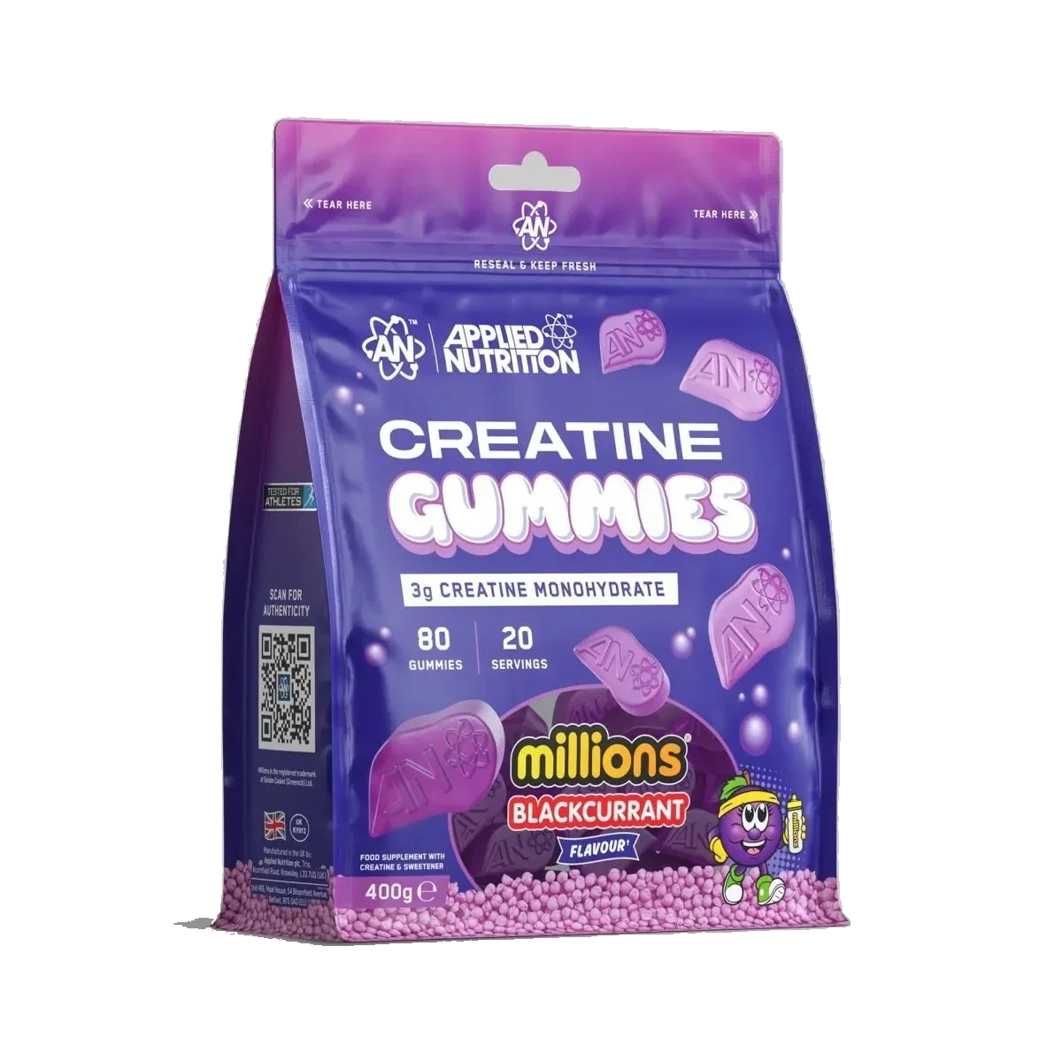 Pot d'Applied Nutrition Creatine Gummies, gommes à la créatine monohydrate, saveur Cassis Millions