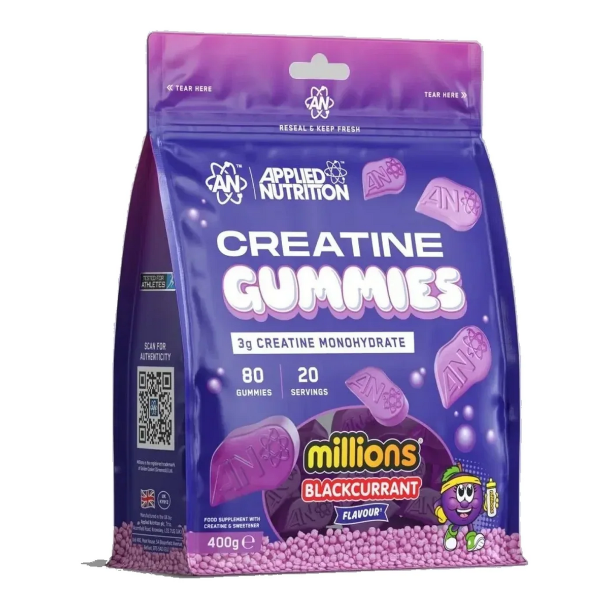 Pot d'Applied Nutrition Creatine Gummies, gommes à la créatine monohydrate, saveur Cassis Millions